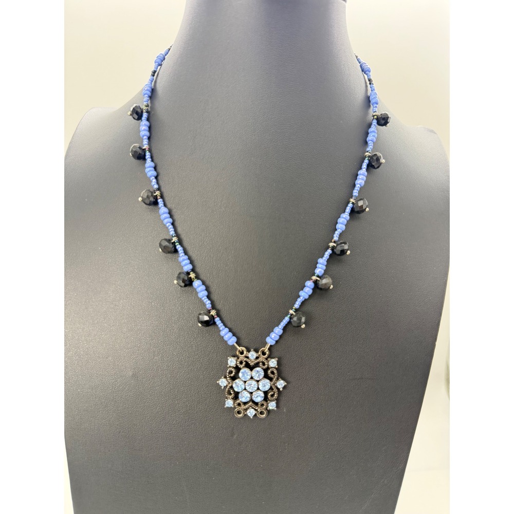 Vintage Style Periwinkle Blue Beaded Necklace Black Blue Rhinestone Flower Gift